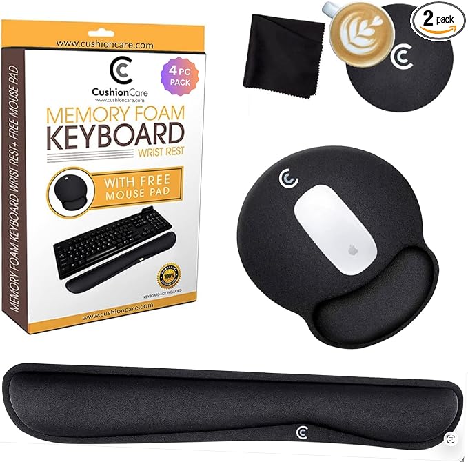 4pc Wrist Rests for Keyboard and Mouse Pad Set - Memory Foam Cushion, Black - Ergonomic Wrists Hand Arm Rest Support for Laptop Computer Desk and Gaming - Carpal Tunnel Syndrome Relief