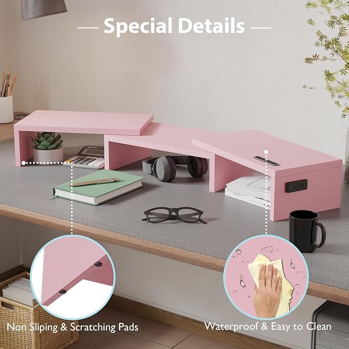 BONTEC Dual Monitor Stand Riser with Smartphone Holder, Adjustable Length & Swivel Angle, Ergonomic Wooden Desktop Organizer for PC Monitor, Laptop, Printer, Large Storage, Pink