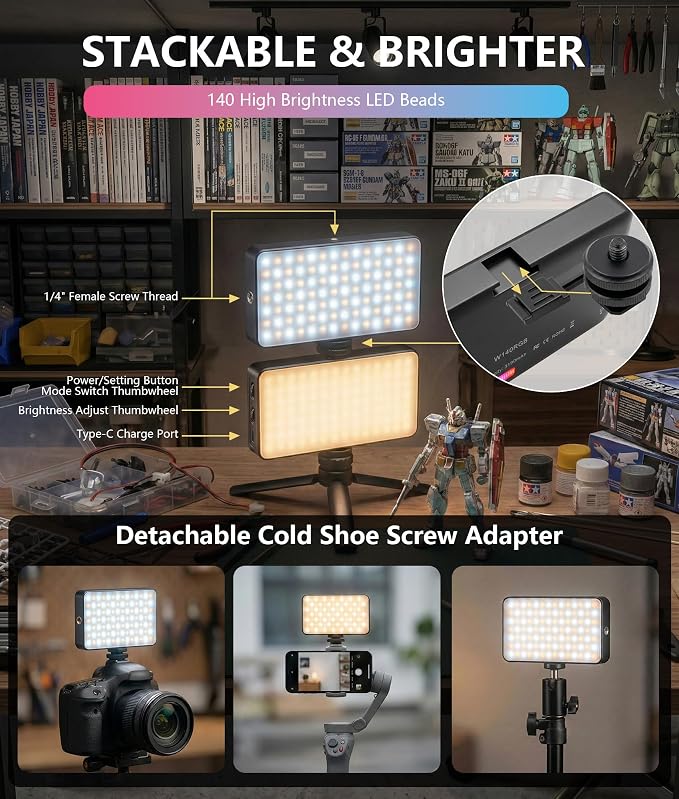 Portable RGB LED Video Light, 140LEDs Camera Light with CRI95+, 2500K-9000K CCT, 0-100% Dimmable Brightness, Adjustable Saturation, 3100mAh Rechargeable for Vlogging, Photography, Video Conference