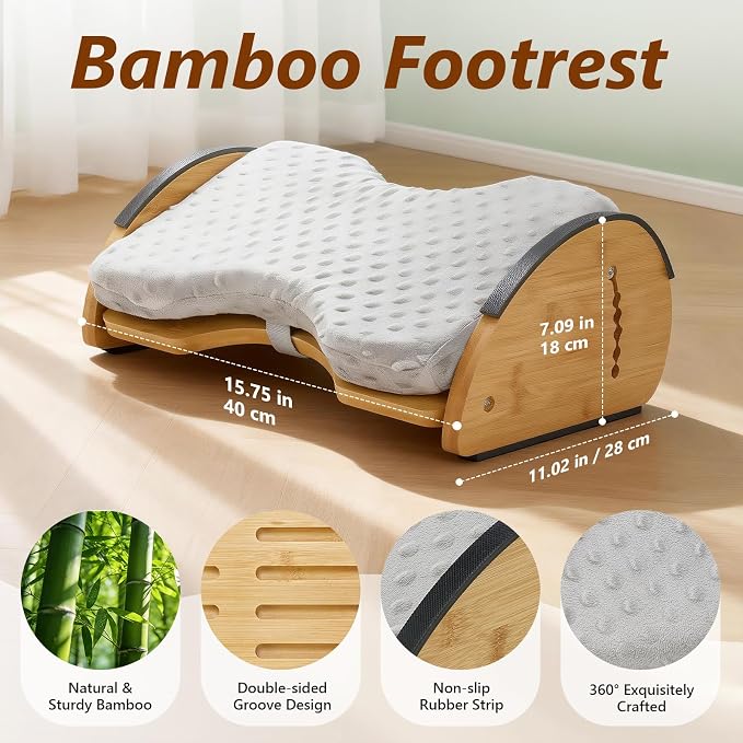 Foot Rest Under Desk, Under Desk Footrest, Foot Stool for Couch, Office Home, Gaming, 4-in-1 Bamboo Desk Foot Rest with 6 Adjustable Heights & Massage Cushion & Relieve Pressure on Legs, Waist & Back