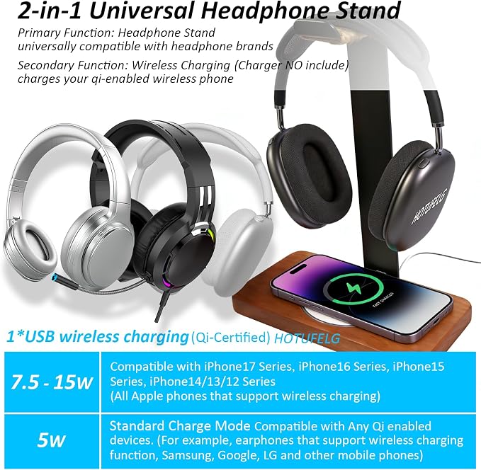Handmade Wood Headset Stand with 15W Wireless Charging Pad- QI Wireless Charging Dock Compatible with iPhone 17/16/15/14 /Samsung Series,2-in-1 Universal Holder for All Table Headphones