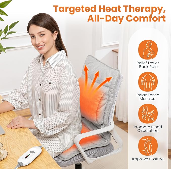 Heated Seat Cushion for Office Chair with Lumbar Support, Extra Large Heated Chair Pad for Pain Relief, Auto Shut Off, 3 Heating Levels, Chair Warmer for Full Back, Waist, Hip, Thigh, Home Use, Grey