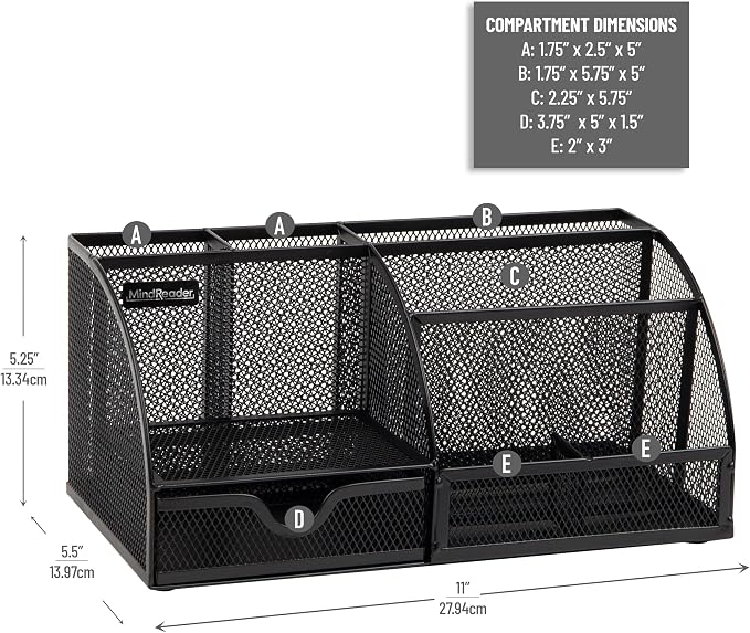 Mind Reader 7-Compartment Desktop Organizer, File & Accessory Storage, Metal Mesh Office Organizer for Desk, Workspace, Mail, Black
