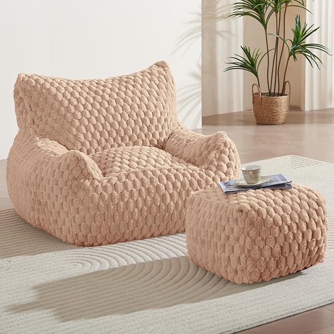 Bean Bag Chair with Ottoman - Modern Comfy Beanbag Sofa with Footrest, Soft Faux Fur Lounger Chair for Adults Teens, Cozy Memory Foam Filled Gaming Reading Chairs for Bedroom, Living Room (Camel)