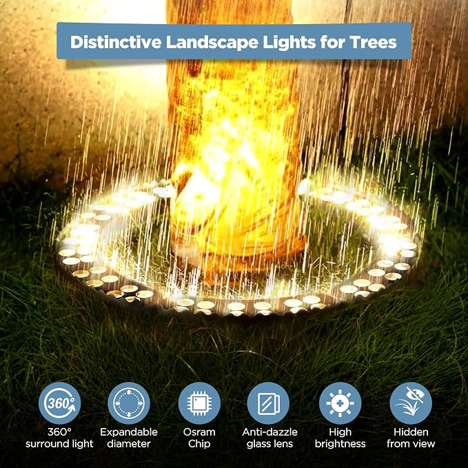 Gardencoin Outdoor Ring Tree Lights, 72W LED Landscape Uplighting for Trees, 3000K Warm White, Low Voltage IP65 Waterproof, 15.35" Inner Diameter, 10080 Lumens (Set of 6)