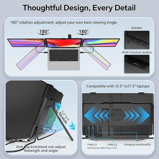 APILDELLA 14'' Triple Laptop Screen Extender, 1080P FHD Laptop Extended, Ultra-Thin Portable Monitor for Laptop, Plug-Play Dual Monitor for 13-17.3'' Laptops, Work with Mac, Windows, Chrome
