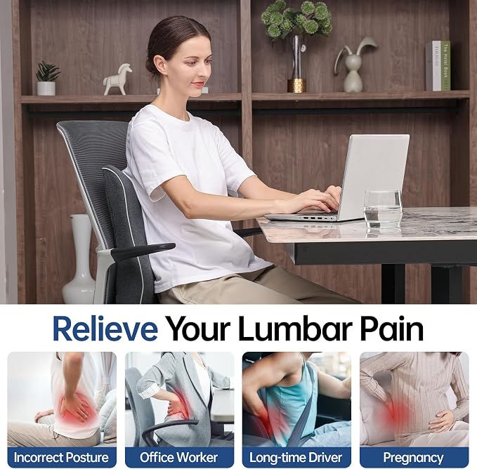Lumbar Support Pillow for Office Chair Car Seat Gaming Chair, Memory Foam Back Support Pillow, Lumbar Cushion Back Cushion for Lower Back Pain Relief, Adjustable Strap Washable Cover-Dark Grey