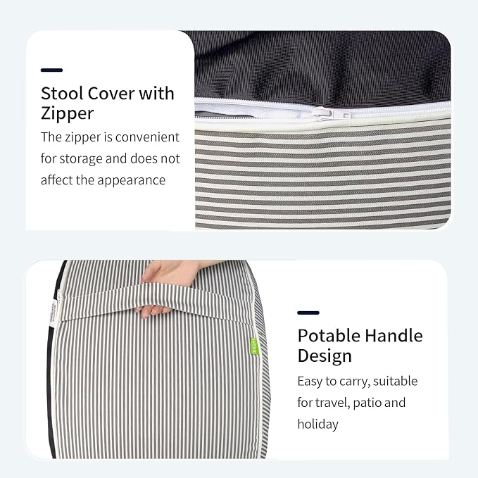 DYTXIII Inflatable Ottoman Stool D21 xH9 for Outdoor/Indoor Use, Water Repellent Patio Foot Rest Stool with Portable Handle,Round Pouf Ottoman Suitable for Garden,Deck and Camping - Stripe Grey