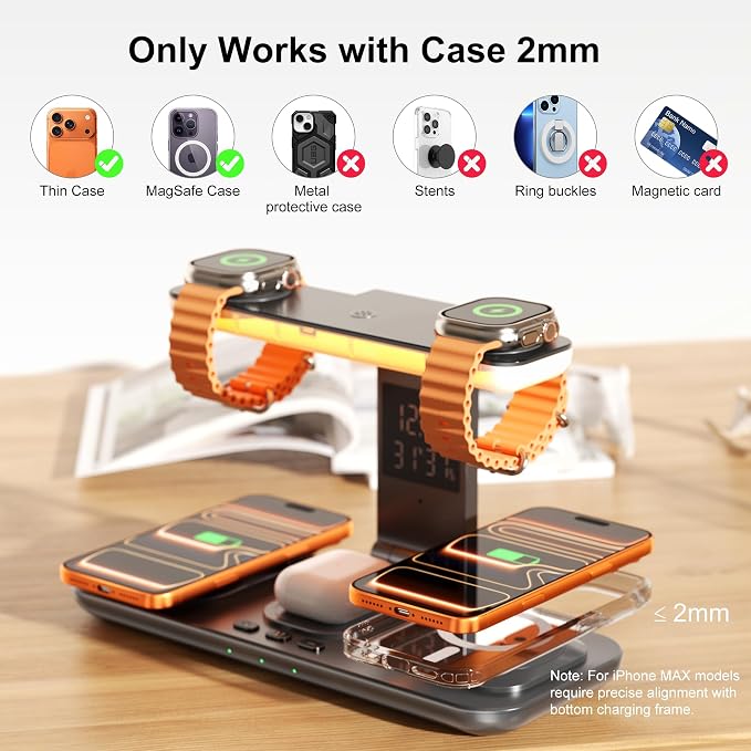7-in-1 Wireless Dual Phone Charging Station for Apple, Samsung, Google, Dual Magsafe Charger for iPhone 17-12 Series, for Dual Apple Watch Charger for iWatch, with Air Pods Charger, Night Light&Clock