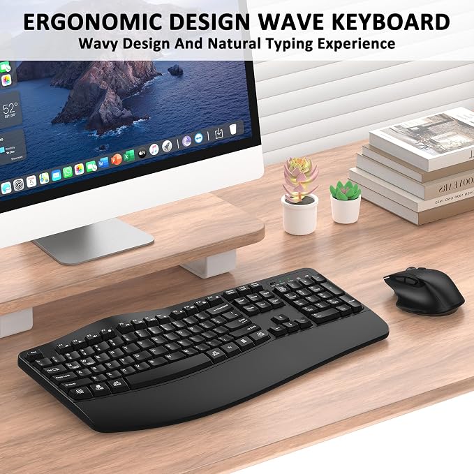 Wireless Keyboard and Mouse Combo, EDJO 2.4G Full-Sized Wave Keys Ergonomic Keyboard and Wireless Optical Mouse, Energy-Saving Wireless Mouse Keyboard for Computer, Mac, Laptop, PC, Windows(Black)