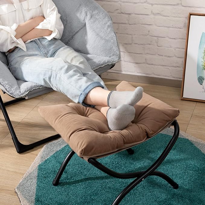 HollyHOME 15"(H) Folding Footrest Stool, Upholstered Small Foldable Ottoman, Accent Padded Sofa Foot Stool for Lazy Chair, Metal Frame Portable Foot Rest Ottoman for Living Room, Bedroom, Dark Brown