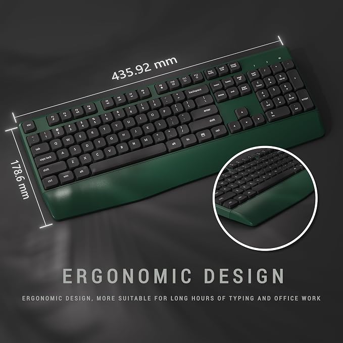 MPTOG Ergonomic Keyboard and Mouse Combo with Wrist Rest, BK Chipset, Full-Size Colorful Office Keyboard and Mouse, Power Button, USB Receiver for PC Laptop(Dark-Green Black)