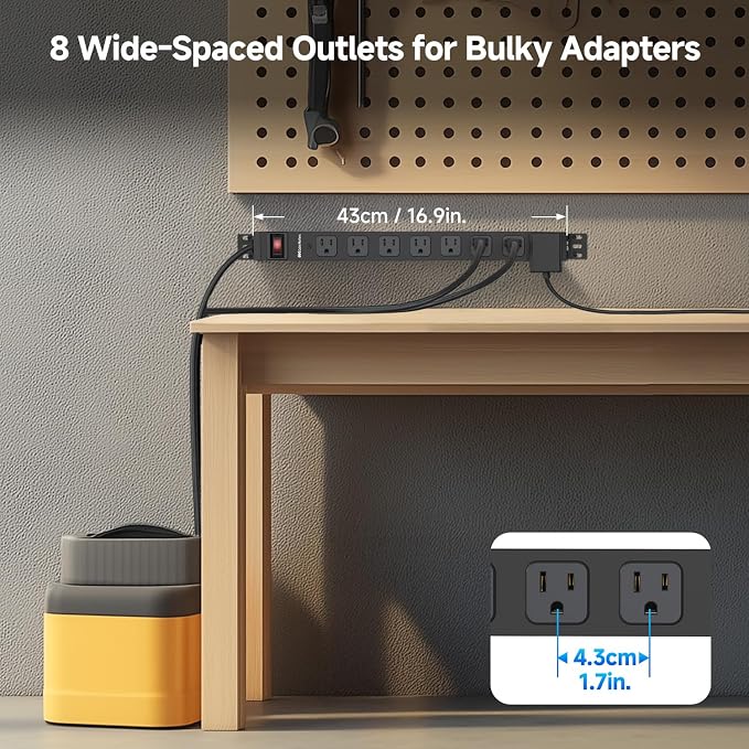[ETL Certified] Cable Matters Wall-Mountable 8 Outlet Power Strip - 8ft Cord, Metal, 2100J Surge Protector with 15A Circuit Breaker, Industrial Power Strip Surge Protector for Garage, Workshop, Black