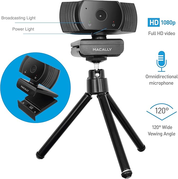 Macally 1080P Webcam with Microphone - Stay Connected Virtually - 120° Wide Angle HD 30FPS USB Computer Camera for Desktop - Web Cam for Streaming, Meetings, Skype, Zoom, PC, Laptop, Mac, Face Time