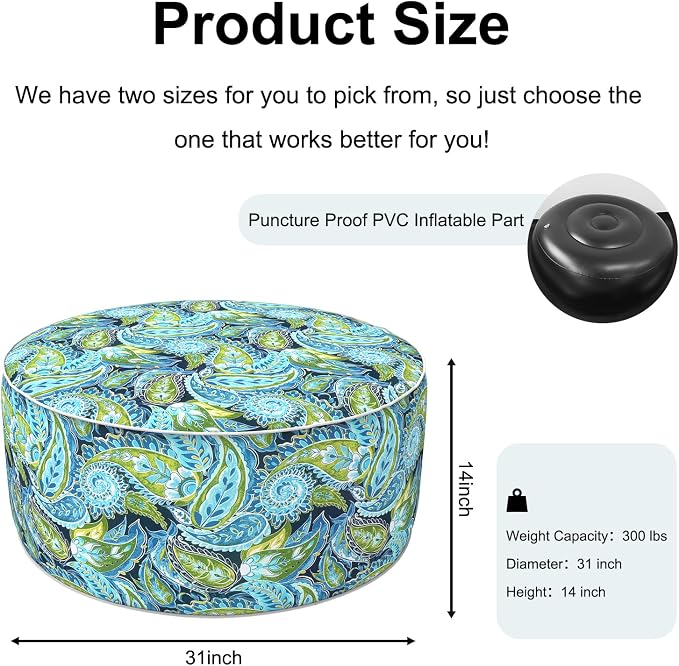 DYTXIII Inflatable Ottoman Stool D31 xH14 for Outdoor/Indoor Use, Water Repellent Patio Foot Rest with Portable Handle,Round Pouf Ottoman Suitable for Garden,Deck and Camping - Paisley Lapis Green