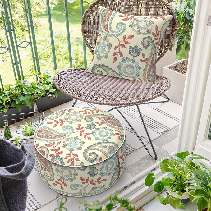 DYTXIII Inflatable Ottoman Stool D21 xH9 for Outdoor/Indoor Use, Water Repellent Patio Foot Rest with Portable Handle,Round Pouf Ottoman Suitable for Garden,Deck and Camping-Paisley Vintage