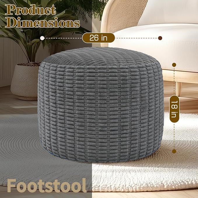 Round Corduroy Ottoman Foot Rest Pouf for Living Room Couch - Soft Plush Shredded Foam Filled Hassock Stool, Comfy Footstool for Adults (Charcoal - Chunky Corduroy, 26 INCH×18 INCH)