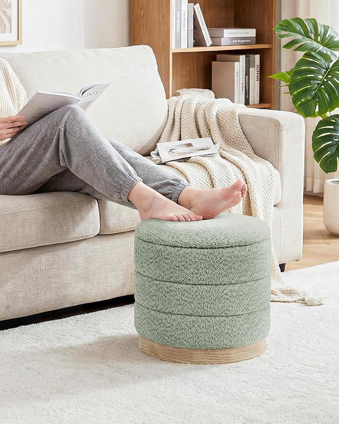 B FSOBEIIALEO Round Storage Ottoman with Tray, Folding Ottoman with Storage Coffee Table Foot Rest for Dorm Room Living Room Chenille Fabric,Sage Green,15.35"x15.35"x14.57"