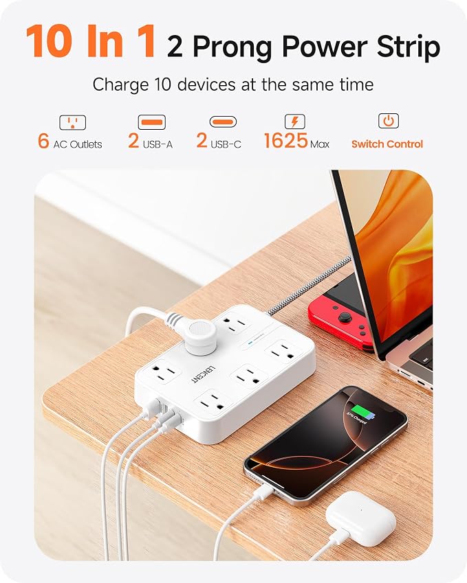 LENCENT 2 Prong Power Strip,2 Prong to 3 Prong Outlet Adapter,Two Prong Surge Protector, 6ft Braided Flat Plug Extension Cord, 6 AC & 4 USB (2 Type C), Wall Mount for Non-Grounded Outlet