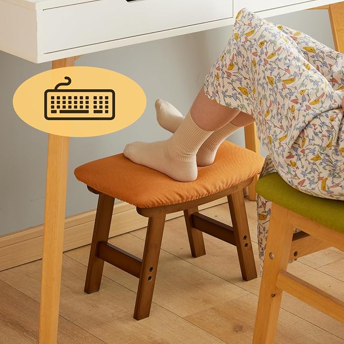 Foot Stool Ottoman Foot Rest Under Desk,Small Stool for Living Room, Bedroom and Kitchen (Brown Legs - Orange Stool Surface)