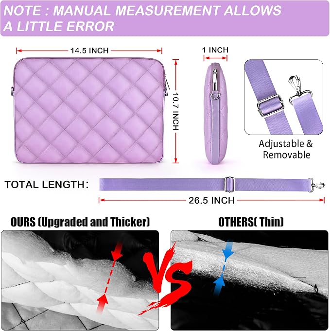 Puffy Quilted Laptop Sleeve with a Removable Shoulder Strap Compatible with MacBook Air/Pro, 13-13.3 inch Notebook, Compatible with MacBook Pro 14 inch M3 M2 M1 Chip 2023-2021