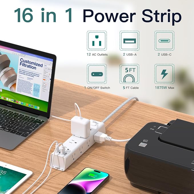 Addtam Power Strip Surge Protector with 12 AC Outlets & 4 USB Ports, 5FT Extension Cord, Flat Plug, Wall Mount, 1050J Overload Protection, Desk Charging Station for Home Office, ETL Listed, White