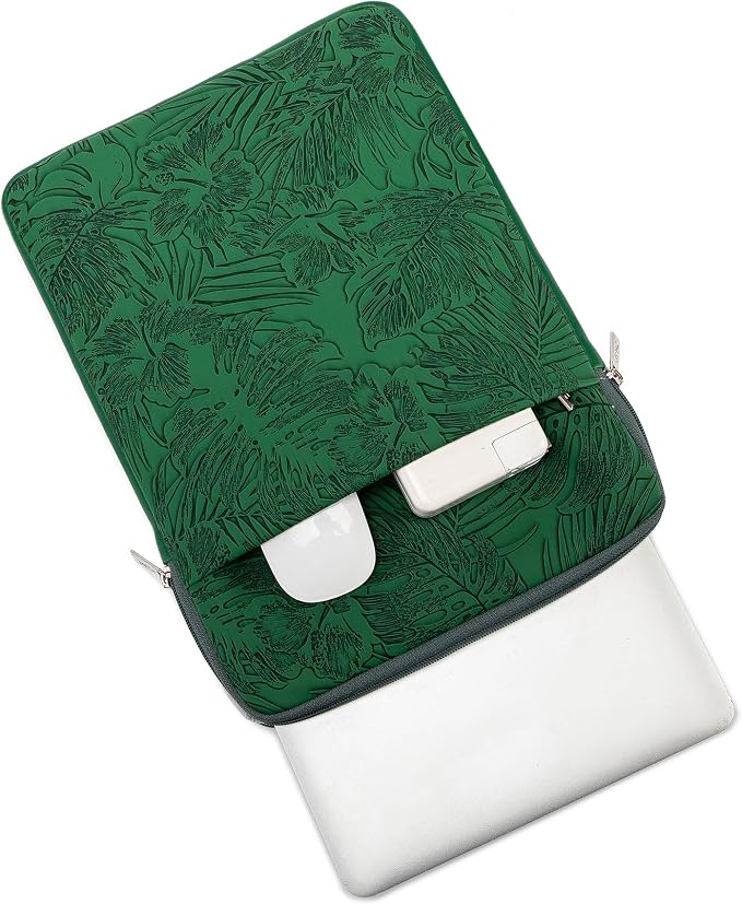 Kinmac 360° Protective Vertical Laptop Sleeve Case Cover Bag (Green Leaves PU, 13.5 inch-14 inch)