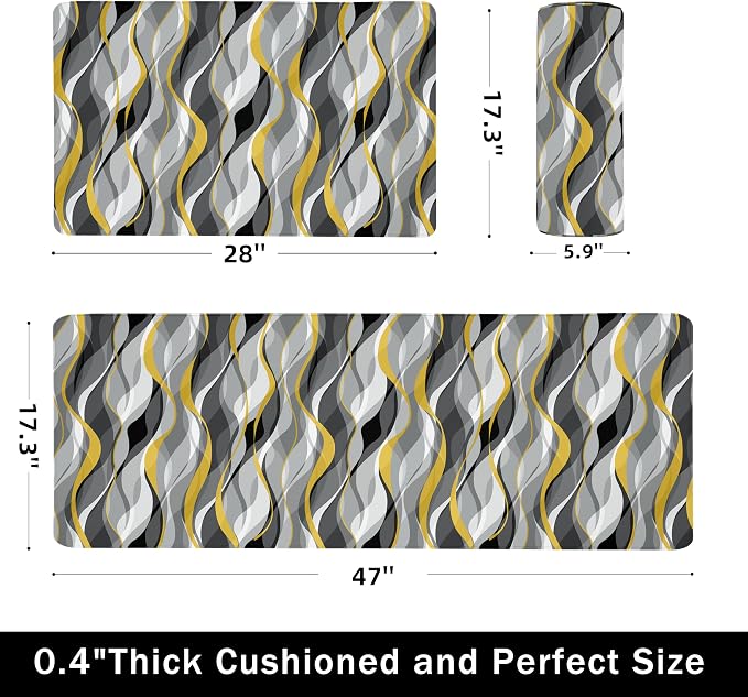 Kitchen Mats for Floor Modern Abstract kitchen rugs Grey and Yellow Stripe Anti Fatigue Kitchen Mats Waterproof Floor Mats Cushioned Non-Skid Standing Mats for Kitchen, Set of 2,17.3 x 28+17.3 x 47