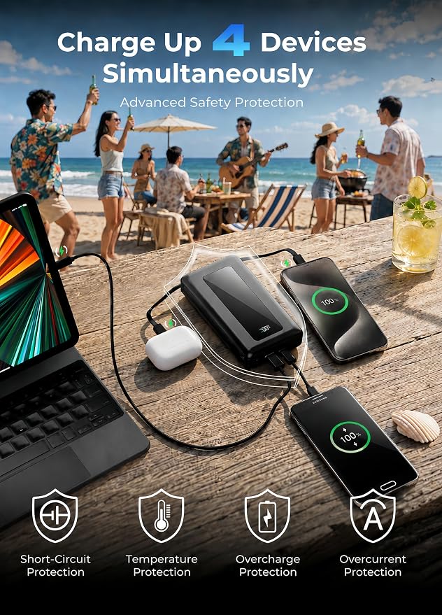 Portable Charger Power Bank 50000mAh, 22.5W PD Fast Charging Battery Pack with Built-in USB-C/iOS Cables, Flashlight, Camping Travel Essential for iPhone 17/16/15, MacBook, Samsung - Ebony