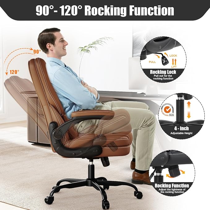 Ergonomic Office Chair with Flip-up Armrests, 300lbs Mid Back Computer Office Desk Chair with Lumbar Support, Executive Leather Chair with Rocking Function Adjustable Height for Home Office