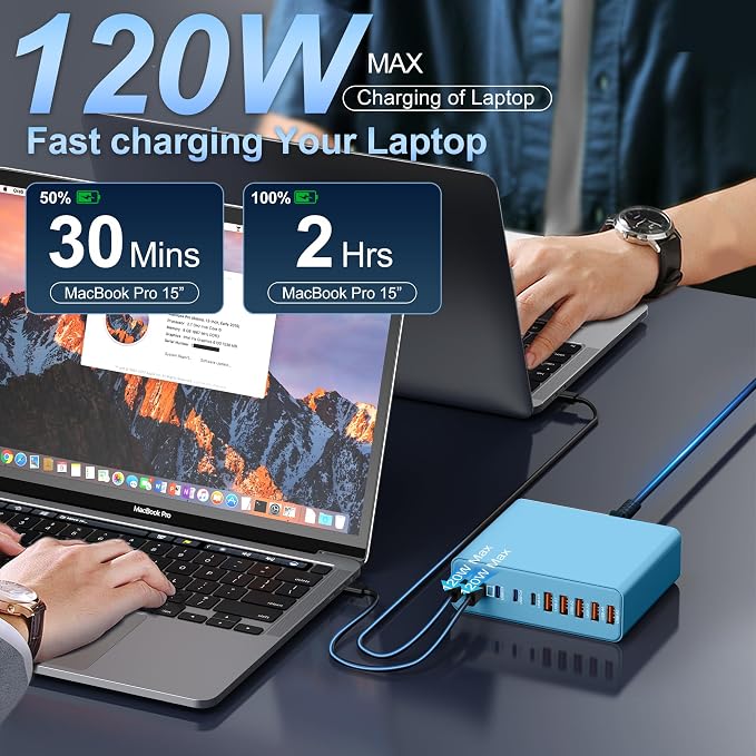 800W USB C Charger Block,10-Port Charging Station GaN Fast Charging Type C & USB A Wall Charger Adapter for MacBook Pro/Air,iPhone,iPad,Dell XPS,Samsung Galaxy(Blue)