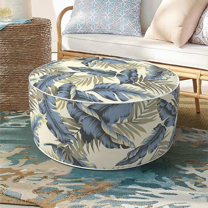 DYTXIII Inflatable Ottoman Stool D21 xH9 for Outdoor/Indoor Use, Water Repellent Patio Foot Rest with Portable Handle,Round Pouf Ottoman Suitable for Garden,Deck and Camping-Lush Palm Blue