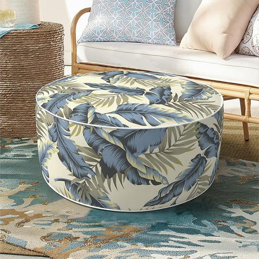 DYTXIII Inflatable Ottoman Stool D21 xH9 for Outdoor/Indoor Use, Water Repellent Patio Foot Rest with Portable Handle,Round Pouf Ottoman Suitable for Garden,Deck and Camping-Lush Palm Blue