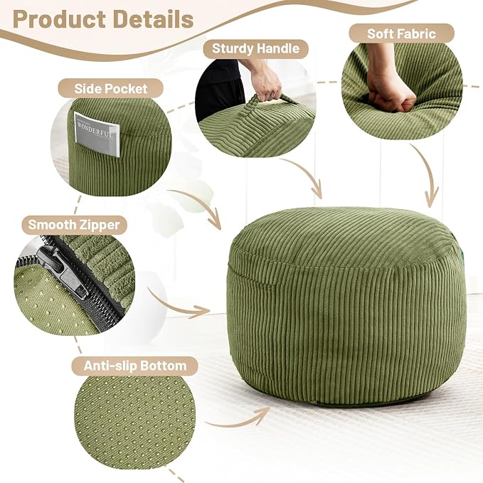 Round Stuffed Pouf Ottoman,Corduroy Foot Rest with Rebound Foam Filled, Furry and Fluffy Foot Stool Ottoman, Floor Poufs for Living Room (Green, 26" D x 26" W x 18" H)