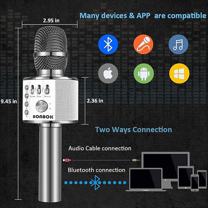 BONAOK Wireless Bluetooth Karaoke Microphone,3-in-1 Portable Handheld Karaoke Mic Speaker Machine Home Party Birthday for All Smartphones Q37 (Space Gray)