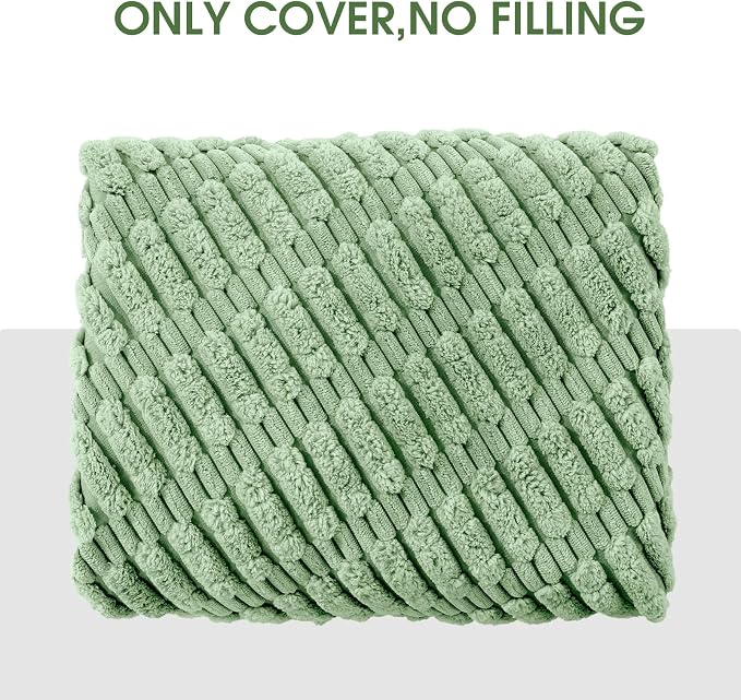 HOMBYS Unstuffed Ottoman Pouf Cover,Round Faux Fur Foot Stool, Fuzzy Chair, Floor Bean Bag(No Filler),Foot Rest with Storage for Living Room, Bedroom, Office, Striped Tufted (Sage Green)