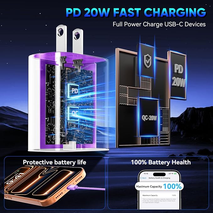 Phone 17 16 15 Pro Charger Fast Charging, 20W USB C Fast Charger Block with 3FT Long Type C Chargers Fast Charging Cable Cord for Phone 17/17 Pro/17 Pro Max/Air/16 Pro Max/16 Pro/15Pro Max/Pro, S24