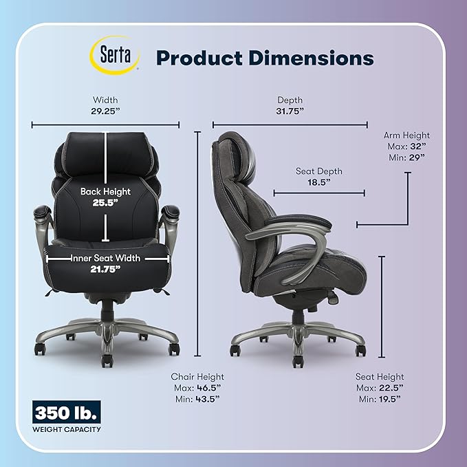 Serta Jackson Big and Tall Executive Home Office Chair with Smart Layers Technology, Wide Seat Cushion, Modern Comfy DeskChairs with Rolling Swivel Wheels, Bonded Leather, Black