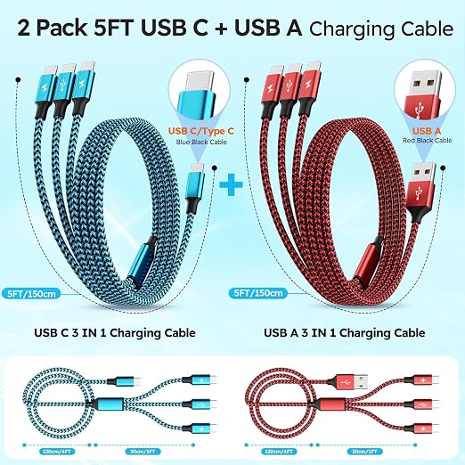 USBC Charger Cable, USB A/C to USB C Multi Charging Cable, Charger Cord Type C [2Pack 5Ft], 3 in 1 Multi Charger Cord, USB C Cable with 3 Type-C Connectors for iPhone 17/16/15, Galaxy S24/23, iPad