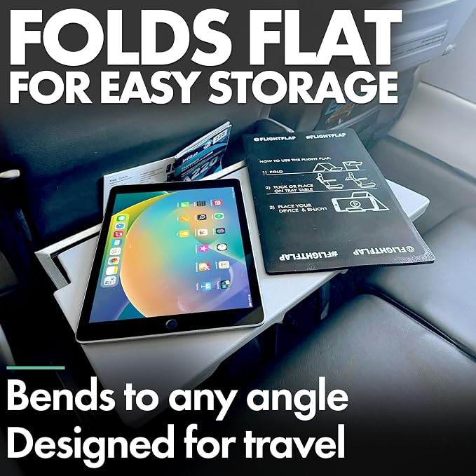 Flight Flap Airplane Tablet Holder, Flexible Cell Phone and Tablet Holder Extra Large 12x7”, Folding Cellphone Stand for Desk, Kindle, Bed, Airplane Gadgets Long Travel Essentials (Black)