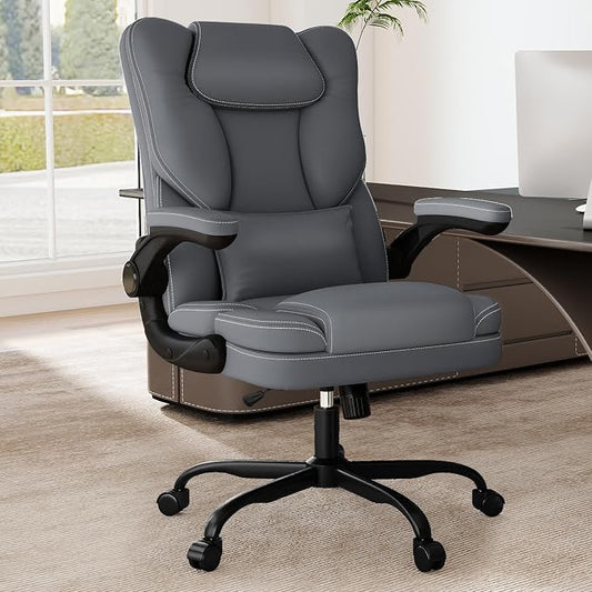 Ergonomic Office Chair with Flip-up Armrests, 300lbs Mid Back Computer Office Desk Chair with Lumbar Support, Executive Leather Chair with Rocking Function Adjustable Height for Home Office