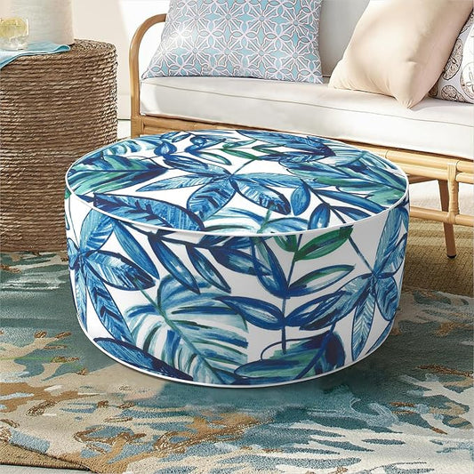 DYTXIII Inflatable Ottoman Stool D21 xH9 for Outdoor/Indoor Use, Water Repellent Patio Foot Rest Stool with Portable Handle,Round Pouf Ottoman Suitable for Garden,Deck and Camping - Leaves Ink Blue