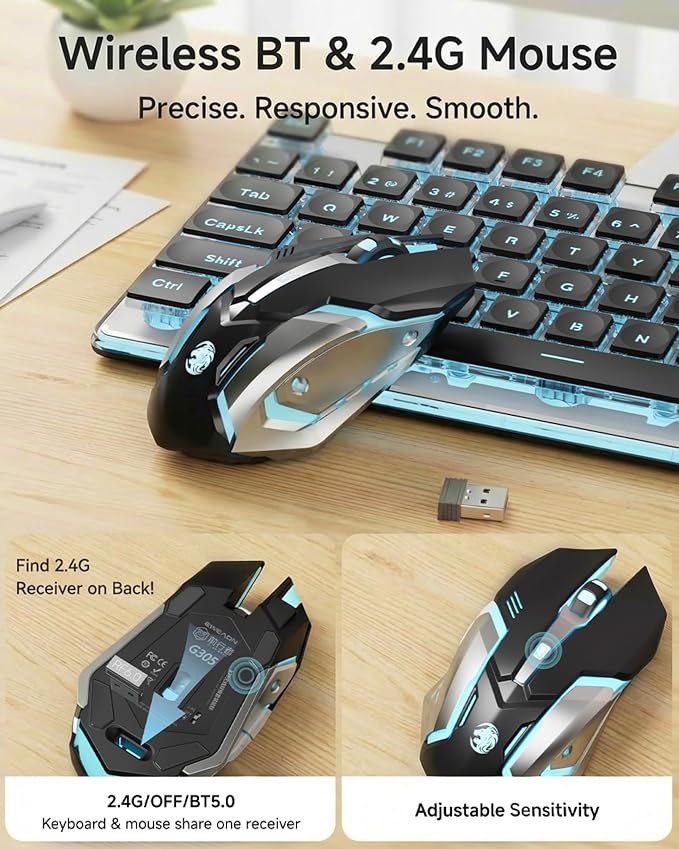 SEUNKWANG EWEADN V3 Wireless Keyboard and Mouse with Blue Backlit, Metal Panel, Bluetooth/2.4G Rechargeable Computer Keyboard and Mouse Combo Silent Lighted Full Size Cordless Keyboards-Black