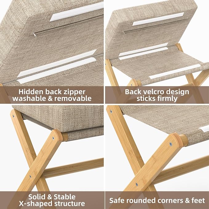 BAMBOOHOMIE Foldable Foot Stool Ottoman, Modern Foot Rest with Bamboo X Legs & Thick Foam Cushion, Folding Foot Stools Small Padded for Bedroom Living Room, Footstool for Chair Couch (Natural - Brown)