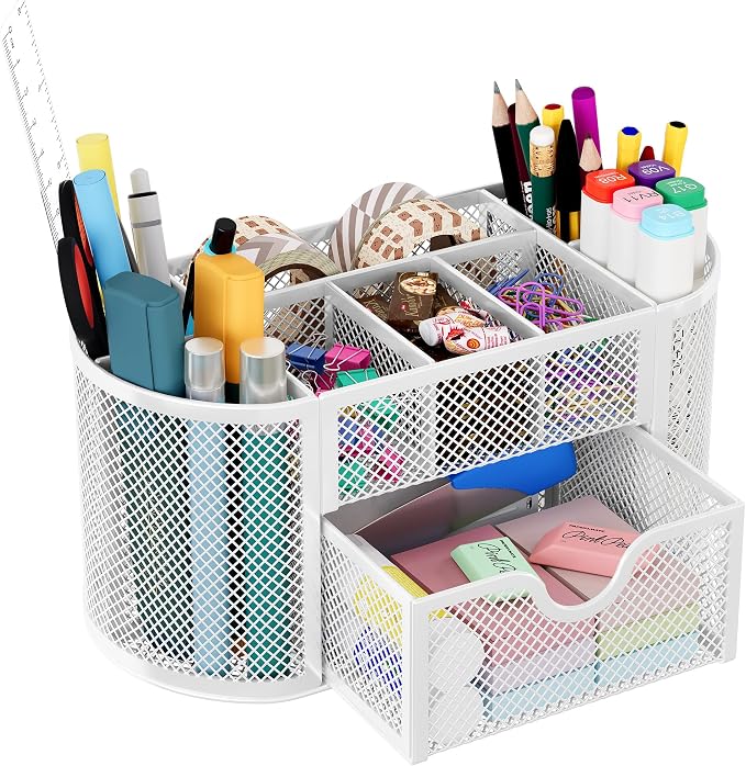 EasyPAG Mesh Pen Holder Desk Organizer with Drawer Stationery Supplies Organizer for Dorm School 9 Compartments Workspace Desk Accessories Organization for Office, White