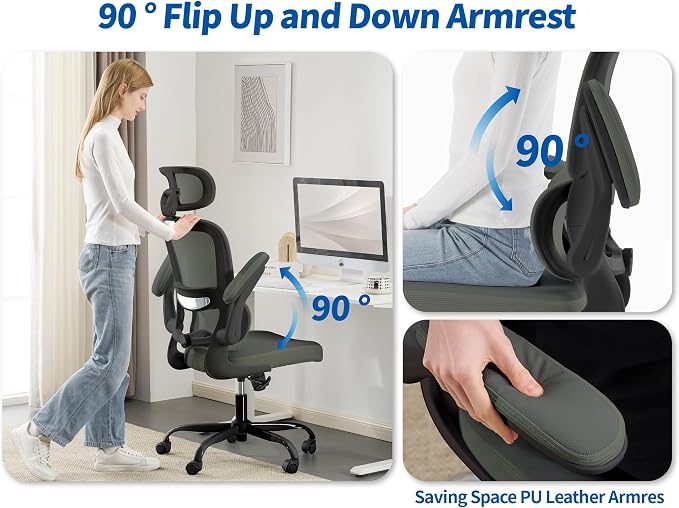 TRALT Ergonomic Office Chair - Desk Chair with Adjustable Headrest Lumbar Support Computer Chair - Mesh Comfy Chair with Flip-up Armrests - Gaming Chairs for Adults Home Office (Leather, Dark Green)