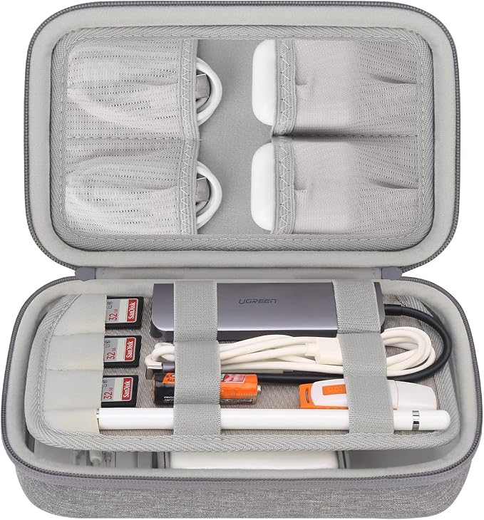 Elonbo Hard Travel Cords Organizer Universal Small Electronic Accessories Carrying Case for Chargers Cables MacBook Adapter Magic Mouse Apple Pencil USB Flash Disk Tech Portable Storage Bag, Grey