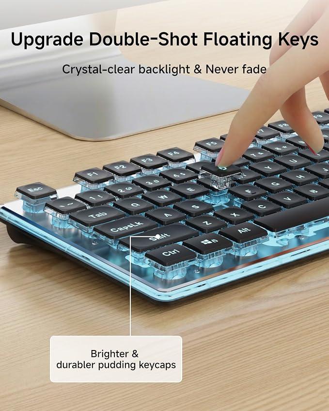 SEUNKWANG EWEADN V3 Wireless Keyboard and Mouse with Blue Backlit, Metal Panel, Bluetooth/2.4G Rechargeable Computer Keyboard and Mouse Combo Silent Lighted Full Size Cordless Keyboards-Black