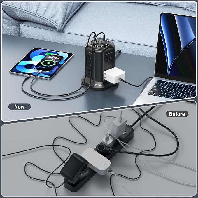 TOPREK Power Strip Surge Protector Tower (2100J) – 10 Outlets, 2 USB-C (20W PD3.0 Fast Charging), 2 USB-A, Flat Plug 6.5FT Extension Cord for Home Office, Dorm, and Multiple Devices Charging Station