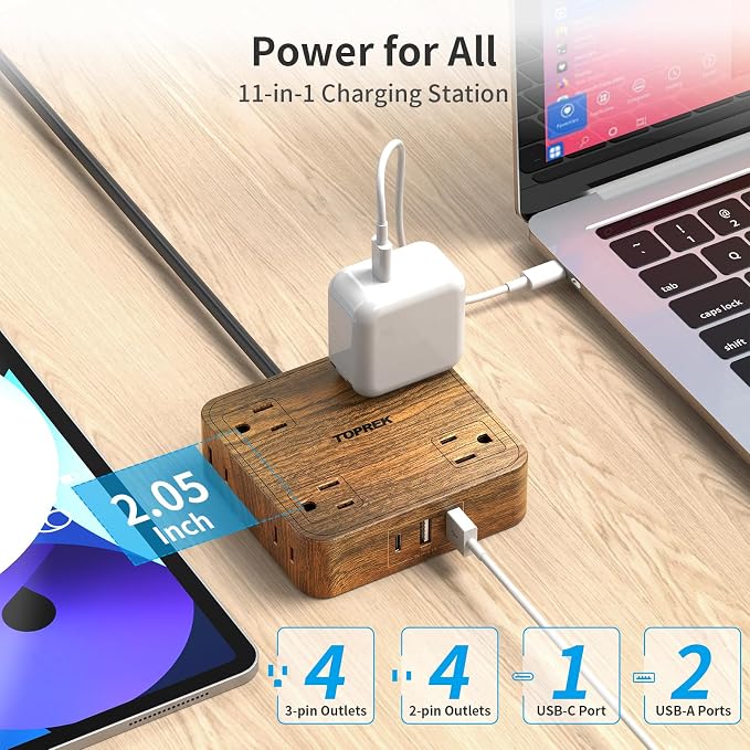 TOPREK Power Strip Surge Protector (1080J), 8 Widely-Spaced Outlets with 1 USB-C & 2 USB-A, Wood Finish Power Strip with USB for Home, Office, Dorm, Travel, 5 FT Extension Cord with Flat Plug